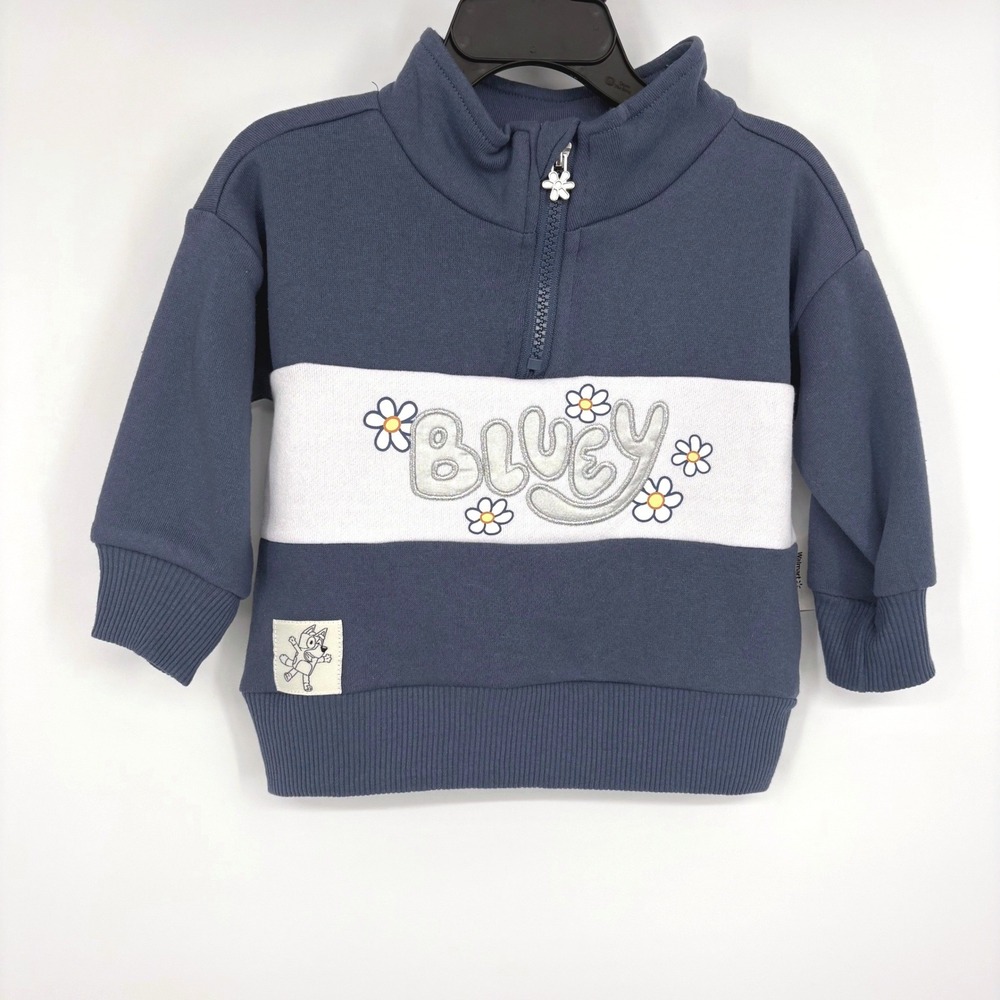 Bluey Quarter Zip Sweatshirt Baby 12M Navy Blue Glitter Daisy Fleece NEW